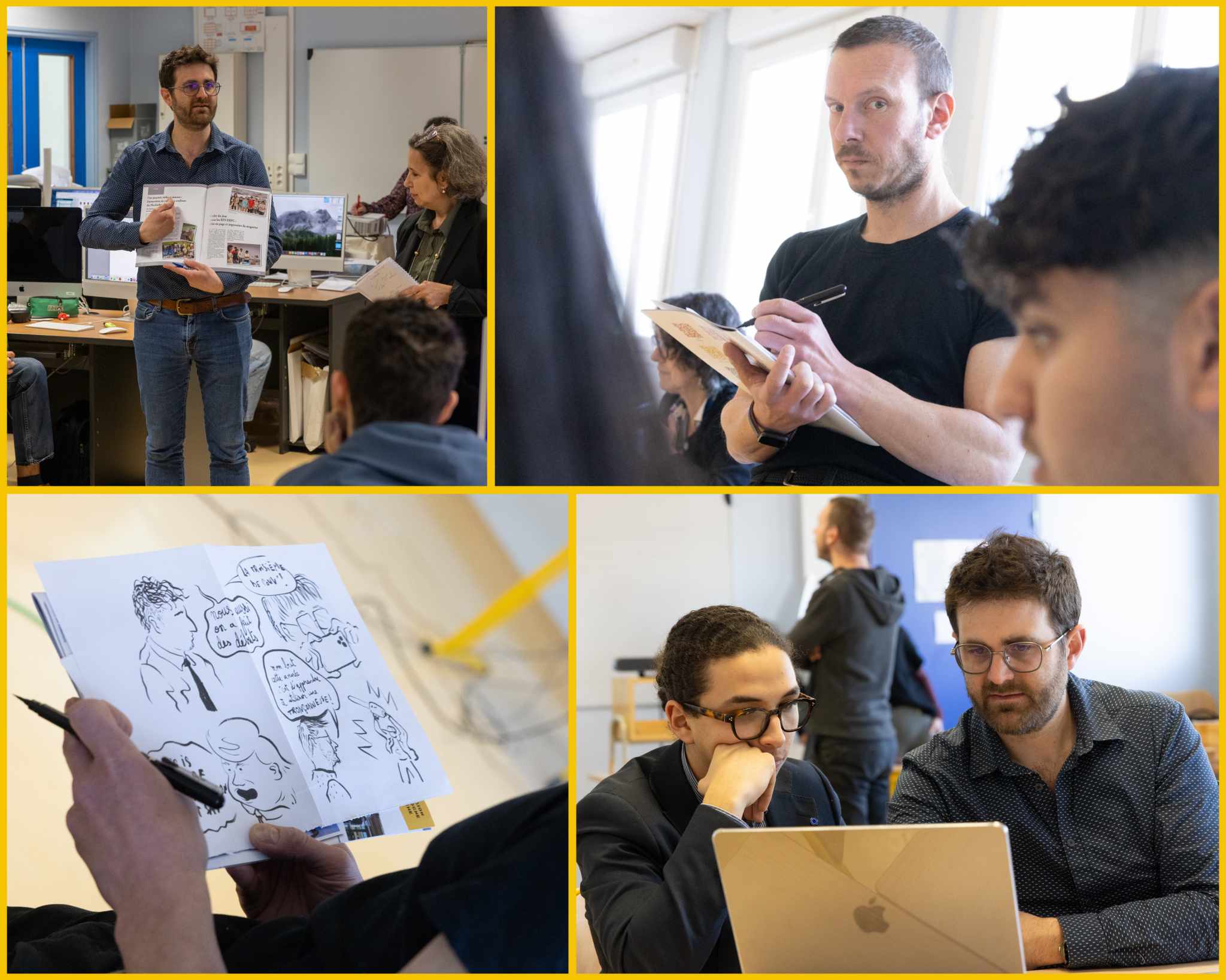 Après avoir animé la conférence de presse matinale, Thibaut Quartier et Renaud Vigourt se mettent au service des élèves pour les guider dans leurs travaux. Photo : Xavier Ducordeaux